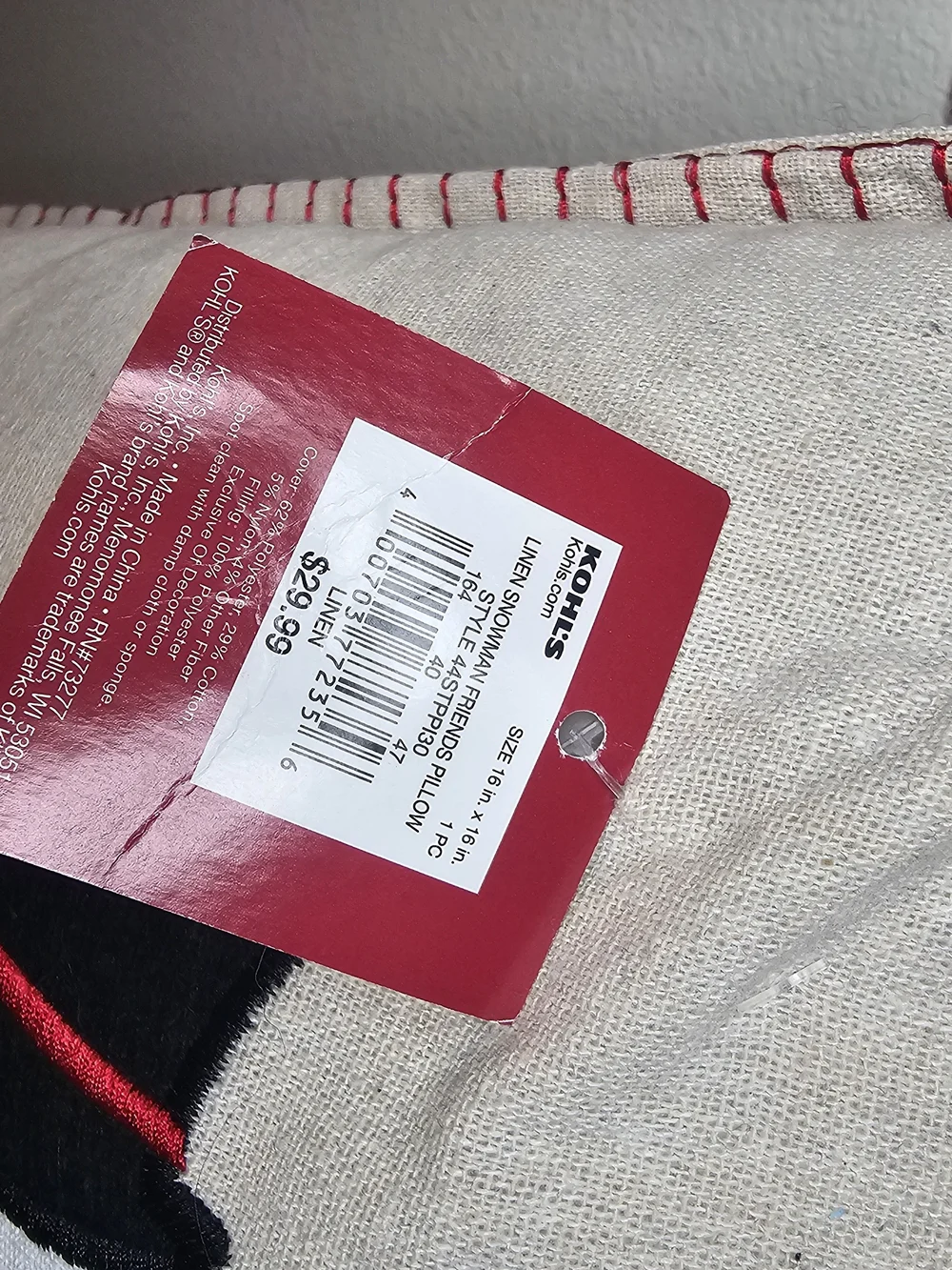 Kohl's Beige Snowman Throw Pillow with Red Hat and Navy Scarf